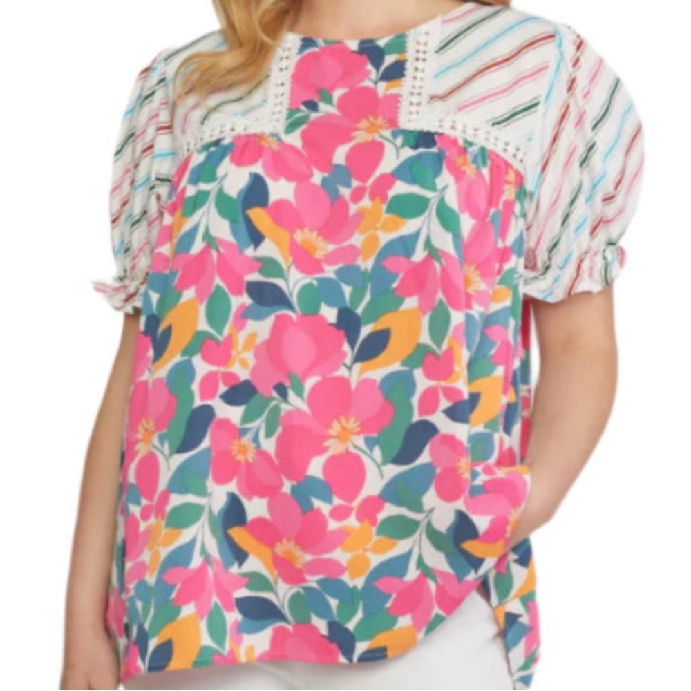 ✨ Anthropologie Entro Boho Mixed Print Floral & Stripe Lace Trim Blouse | Size M